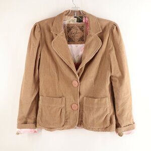 Red Button Seven Jacket Blazer Women L Tan Corduroy Floral Lined Fold Cuffs